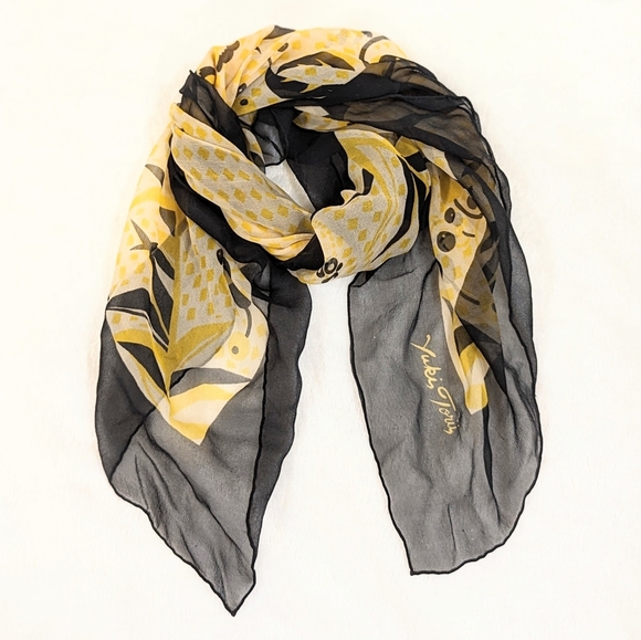 Yuki Torii Silk Yellow Black Floral Plant Scarf - Picture 2 of 4